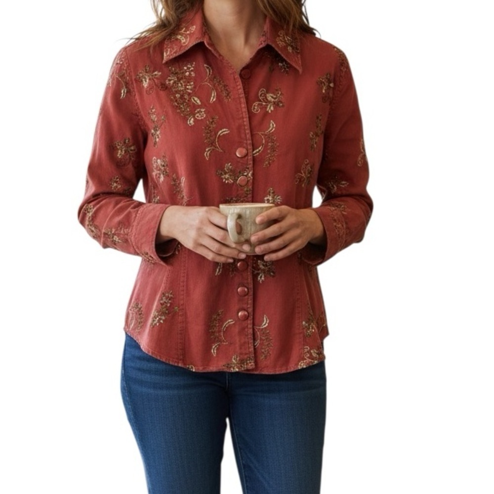 Christopher & Banks Embroidered Jacket Blazer Rust Floral Button Front XL